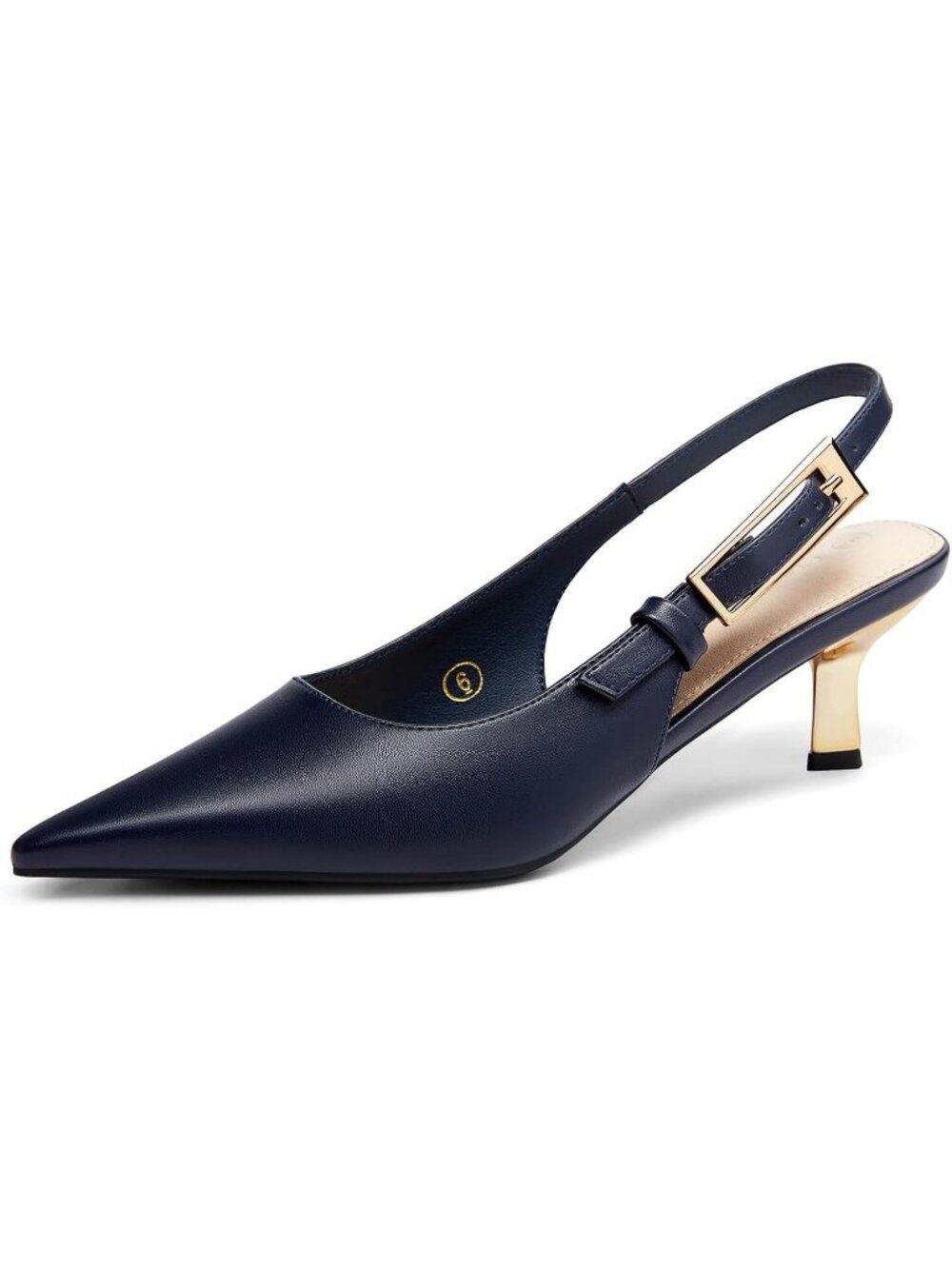 Women's Navy Pu Slingback Kitten Heels Closed Pointed Toe Buckle Strap Pumps